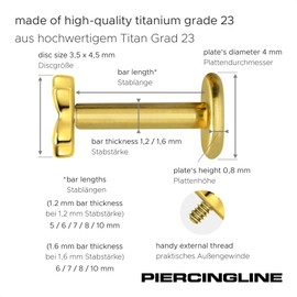 PIERCINGLINE Titanium Labret with Internal Thread Titanium Attachment Butterfly Piercing Lip Nose Ear Helix Tragus Medusa Choice of Colours and Sizes, Titanium