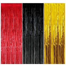 Mickey Birthday Party Supplies, Red Black Gold Fringe Curtains Photo Backdrop for Party Decorations (3 Pack)