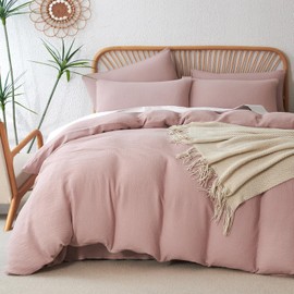 Duvet Cover King Size, Luxury Cotton Double-Layer Crinkle Gauze Pink King Duvet Cover, 3 Pieces Bedding for All-Season, Soft Breathable with Zipper Closure (No Comforter)