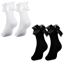 Women's Dirndl Shoes, Ruffle Socks, Elegant Dirndl Shoes for Women, Oktoberfest Accessories, 2 Pairs in White and Black, Oktoberfest Socks, Geyoga Ruffle Socks Lace with Bow