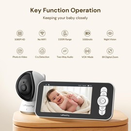 Leivewlity Baby Monitor No WiFi with Camera and Audio, 5" 1080P HD Screen with 1100ft Range, 5000mAh Battery, 8X Zoom, Infrared Night Vision, VOX, 2-Way Talk, Photo & Video Record for Crib, Nursery