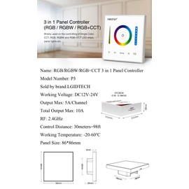 LGIDTECH P3 Wall-Mounted Full Touch Panel Controller for 3528 5050 2835 RGB RGBW RGB+CCT Dimmable Color Changing LED Strip Lighting DC 12-24V 10A 120W 240W.Support Voice and DMX512 Control