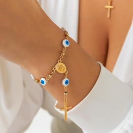 Evil Eye Rosary Bracelet for Women Cross bracelet Gold Catholic Rosary Beads Bracelets Good Luck bracelets Pink Blue Evil Eye Jewelry Gift for Girls Teen