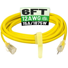 POWGRN 6 ft 12/3 Outdoor Extension Cord Waterproof Heavy Duty with Lighted Indicator End 12 Gauge 3 Prong, Flexible Cold-Resistant Long Power Cord Outside, 15Amp 1875W SJTW Yellow ETL Listed