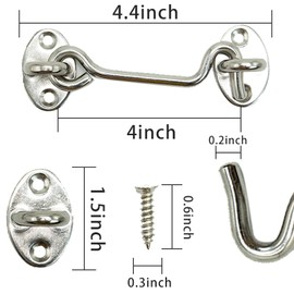 SZXMDKH 2 PCS 4 Inch Stainless Steel Cabin Hook and Eye Latch Lock Heavy Duty Gate Metal Door Latches for Internal Doors Brace Patio Window Cabinet Wooden Gates Shed, Sliver