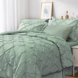 JOLLYVOGUE King Size Comforter Set 7 Pieces, Green Bed in a Bag Comforter Set for Bedroom, Beddding Sets with Comforter, Sheets,Ruffled Shams & Pillowcases