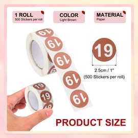 PATIKIL Number 19 Circle Stickers,1 Inch Round Color Coded Self-Adhesive Number Label 500 Labels/Roll for Home Organization Office Management, Light Brown with White Text