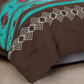 2 Piece Western Southwestern Native American Design Comforter Set Multicolor Teal Coffee Brown Embroidered Twin Size Navajo Bedding Set- Makala (Twin)