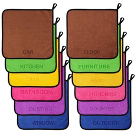 SLICHIO Microfiber Cleaning Cloth Set - 12 Pack Microfiber Towel 12"x12" with Printed Use Labels, Color-Coded Dish Rags Cleaning Towels, Reusable Rags for House, Kitchen, Car, Bathroom, Outdoor