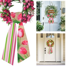 Habbiful Spring Wreath Sash for Front Door Floral Sash Holiday Pink Green Stripes Wreath Accessories for Home Garland Wedding Birthday Party Decorations