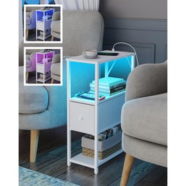 TUTOTAK Small Narrow LED End Table with Charging Station, Side Table Outlets, Nightstand with Cloth Drawer, Set of 2, Couch Table, for Living Room, Bedroom, Bedside, White TB01BW059