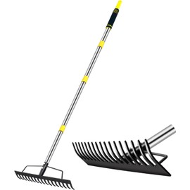 5.4FT Heavy Duty Garden Bow Rake with Stainless Steel Handle, 17 Tines Metal Head for Soil Loosening, Leaf Gathering, and Lawn Leveling (Black+Metallic Silver)