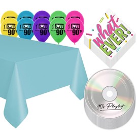 90's Party Supplies - CD Paper Plates, Let's Party Napkins, Solid Table Cover, and 90's Theme Latex Balloons (Serves 16)