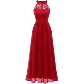 Wedtrend Evening Dress, Women's Long Halterneck Dress, Women's Cocktail Dress, Elegant for Wedding, Prom Dress, Chiffon Lace Dress, red