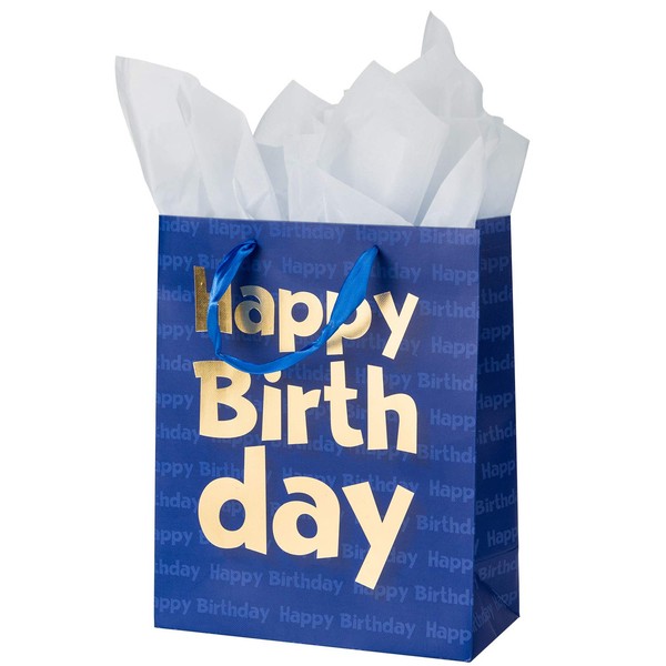 Loveinside Paper Gift Bags Gold Metallic Happy Birthday Printed Medium Gift Bags with 2 Sheet Tissue Paper for Birthday - Navy Blue - 10.2''x12.5''x4.7''