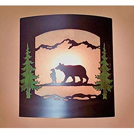 Wall Sconce Rustic Bears Light, Cabin Decor Lamp, Hand-Painted Pine Tree Left Facing