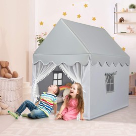 Costzon Kids Play Tent, Large Playhouse w/Washable Mat, Windows, Solid Wood Frame, Indoor Outdoor Princess Tent for Children Boys & Girls, Castle Fairy Tent, Holiday Birthday Gift (Gray)