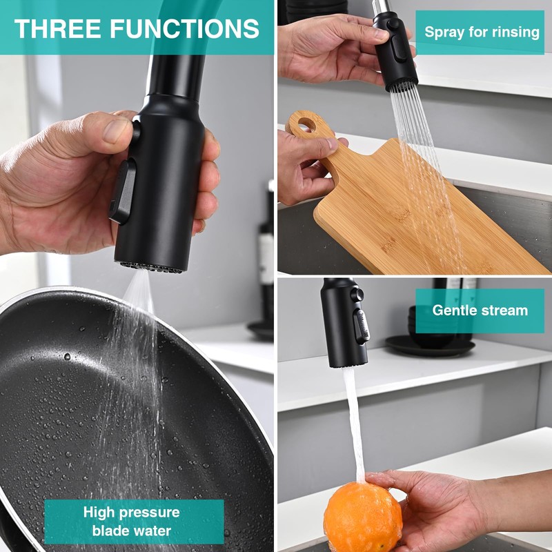 Metal Kitchen Faucet Head Replacement, 3-Function Pull Down Spray Head