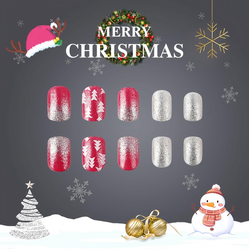 BFY Christmas Press on Nails Short Square Fake Nails, Snowflake