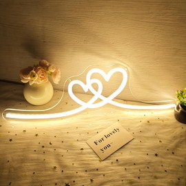Vveikea Double Heart Neon Signs for Wall Decor Twin Hearts Led Sign Dimmable Warm White Neon Heart Sign Love Decorations for Girls Minimalist Bedroom(16.3”x 4.33”)