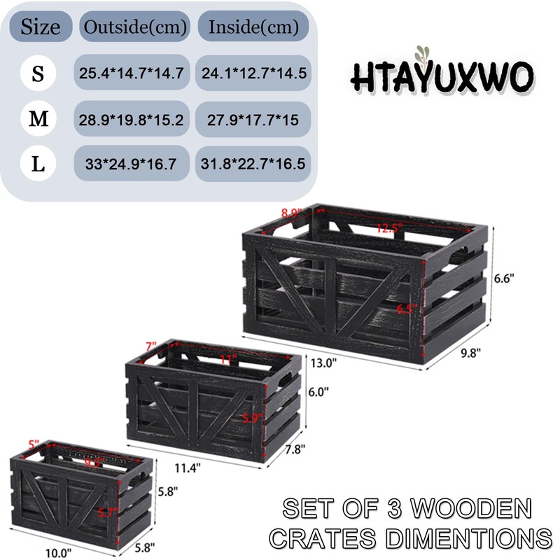 HTAYUXWO Storage Crates Nesting Wooden Boxes 3 Pack,Wood Storage Crates