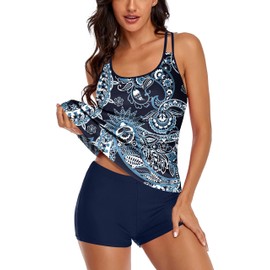 MAIABLEAU Womens Tankini Swimsuits Tummy Control 2 Piece Bathing Suits Swim Top with Boyshorts Blue White Flower XL