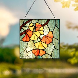 HomeBeauty PA0005 Stained Glass Ginkgo Leaf Hanging Panel-10 Wx10 H Window Suncatcher Window Décor Tiffany Style Wall Décor Hanging Art