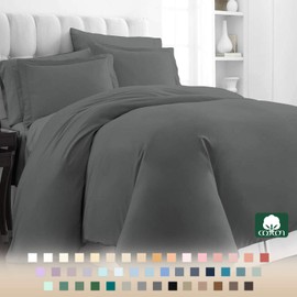 Pizuna 400 Thread Count Cotton Queen Duvet Cover Set, 100% Long Staple Cotton Dark Grey Bed Sets Full, Luxury Soft Sateen Queen Bedding Sets with Button Closure (Gray Duvet Cover)