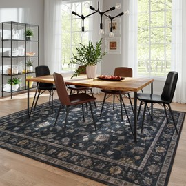 Wonnitar 5x7 Washable Area Rug, Low Pile Floral Vintage Rug for Bedroom, Stain Resistant Rugs for Living Room Non Shedding Floor Carpets for Dining Room Home Office,(Black,5x7)