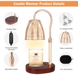 Honvinor Candle Warmer Lamp with Timer & Dimmer, Candle Warmer Height Adjustable, Fits All Jar Scented Candles, Candle Lamp with 3 Bulbs, Charming Gift Box with Ribbon for Gifting