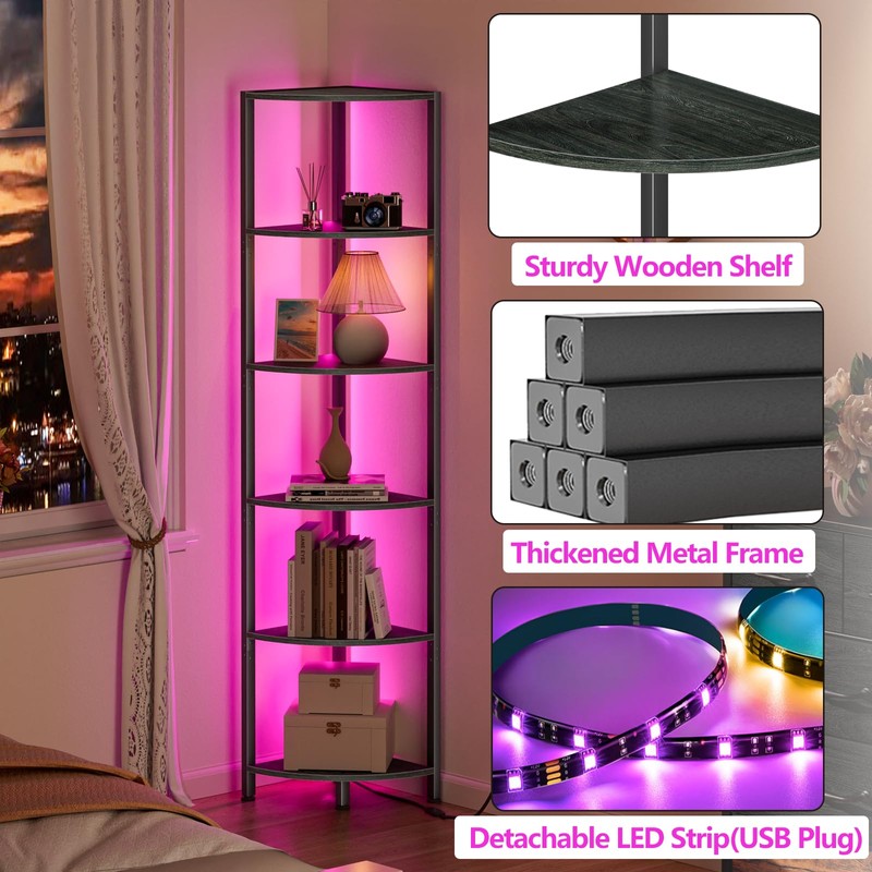 Furnulem 6 Tier Corner Shelf with LED Light, 67.5” Tall