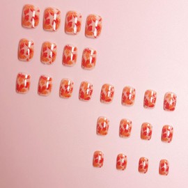 Fall Maple Leaf Press on Nails Short Square Full Cover Red Orange Gradient Maple Leaves with Design Autumn Thanksgiving False Nails Glossy Acrylic Nails Fall Stick on Nail Artificial Nails for Women