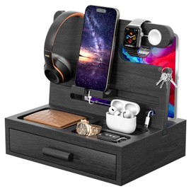 melafa365 Bamboo Nightstand Organizer for Men, Phone Docking Station with Cable Management, Drawer, Bedside Organizer for Watches, Keys, Wallets, Black