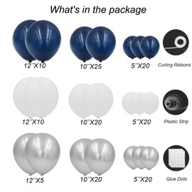 Navy Blue and Silver Balloons Garland Arch Kit,150pcs Navy Blue Silver White Latex Balloons in Different Sizes for Graduation Baby Shower Birthday Prom Wedding Party Decorations