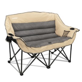 2 Person Fully Padded Camping Chair Oversized Loveseat Camping Chair Double Camping Chairs for Adults Heavy Duty Outdoor Camping Couch, Padded Seats & Armrests, 600Lbs, Beige