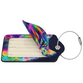 Colorful Cat 2 Pack Luggage Tag for Suitcase, Luggage Tags for Suitcases,Leather Stainless Steel Loop Label Tag for Men Women Girlstravel Bag Suitcase