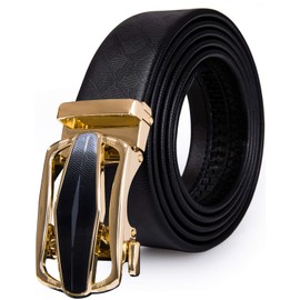 Barry.Wang Mens Designer Belt Black and Gold Automatic Buckle Alloy Genuine Leather Ratchet Belt,Trim to Fit