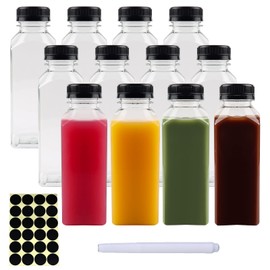 Happybase 12oz Juice Bottle, 12 Pack 350ml Plastic Juice Bottles with Tamper Seal Lids, Empty Reusable Bottles for Smoothie,Juice,and Other Beverages(1 Pen, 24 Labels)