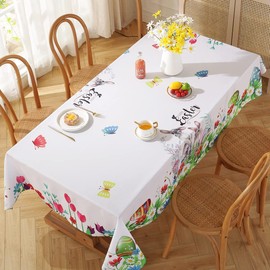 SASTYBALE Easter Tablecloth for Rectangle Tables, Washable Spring Table Cover Printed with Colorful Easter Eggs and Cute Bunnies for Dinner Table, Party and Easter Decoration (Rectangle, 52" x 70")
