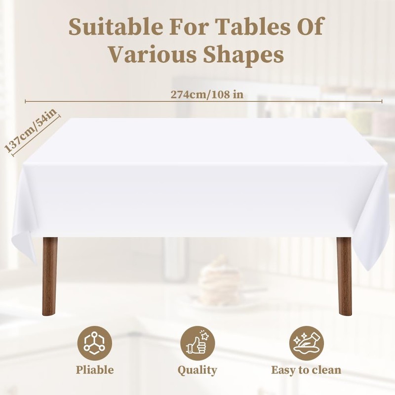 AMFUN 2Pcs White Rectangular Plastic Table Cover (137cm x 274cm),Wipeable