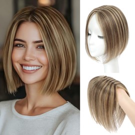 GULALUUK Hair Toppers for Women Real Human Hair 10 Inch Upgrade Swiss Lase Base Toppers Hairpieces with Thinning for Daily Wear (Medium Brown With Mix