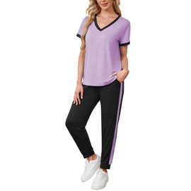 Famulily Women's Tracksuits Sets V Neck 2 Piece Outfits Ladies 2025 Summer Color Block Jogger Set with Pockets Purple L