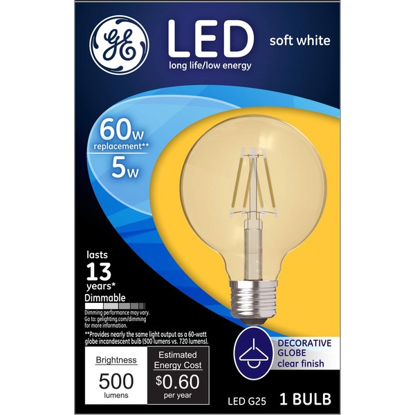 GE Lighting LED Globe Light Bulbs, G25 Bulb, 5 Watt (60 Watt Equivalent) Soft White, Clear Finish, Medium Base, Dimmable (1 Pack)