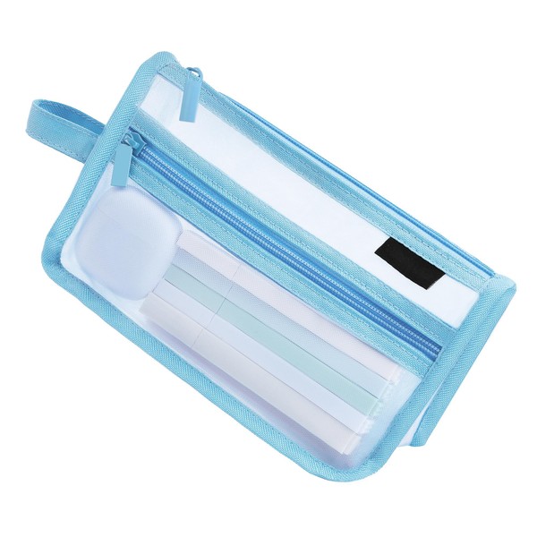 Durchsichtiges Netz-Federmäppchen,Blau Gitternetz-Federmäppchen Mit Griff Und Reißverschluss,Etui Schule Groß Kapazität,Clear