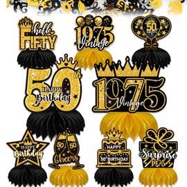 50th Birthday Table Decoration Black Gold, Pack of 10 50th Birthday Decoration for Men and Women, Table Decoration Black Gold, 50 Years Old Honeycomb Decoration for Men and Women Table Decoration Set