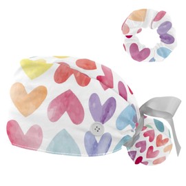 Heart Working Hat Adjustable Scrub Cap with Buttons and Bow Hair Scrunchy for Nurse and Doctor