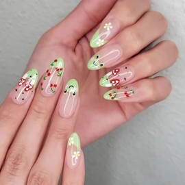 BABALAL Press on Nails Medium Almond Fake Nails Green French Tip Glue on Nails Frog Cute Acrylic Nails 24Pcs Kawaii False Nails Manicure Stick on Nails Stiletto Glossy Gel Nails