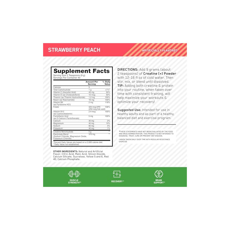 Optimum Nutrition Creatine Monohydrate Plus Powder, Strawberry Peach Flavored Creatine