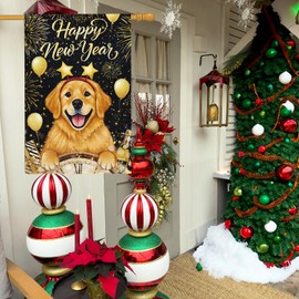 Happy New Year Garden Flag 28x40 Inch Double Sided Burlap for Outside，Golden Retriever Dog Fireworks Holiday House Flag