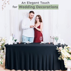 Table Skirt for Rectangular Tables 8ft - Spandex Table Covers for Standard 8 Foot Table - One Piece Fitted Elastic Tablecloth - Wrinkle Resistant Ruffles Design for Weddings, Party, Events (Black)